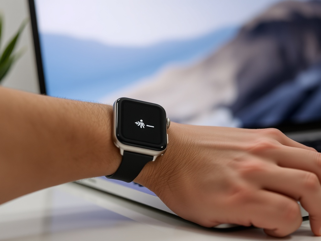 close-up of Apple Watch unlocking a MacBook with subtle glowing animation and clean desk aesthetic