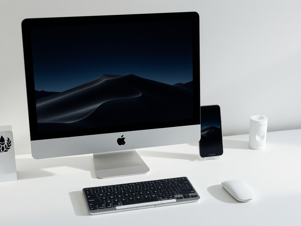 minimalist Apple workspace with MacBook iPad iPhone synced showing seamless workflow and calm productivity atmosphere