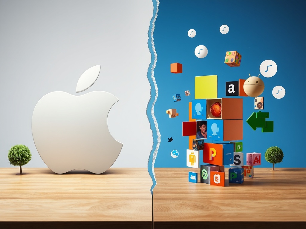 split scene showing Apple ecosystem on one side and mixed Windows Android setup on the other with visible friction and contrast