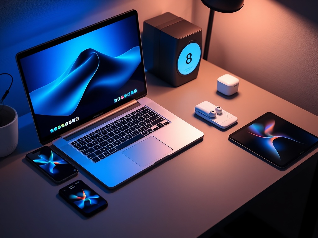 a modern workspace with MacBook, iPhone, iPad, Apple Watch and AirPods seamlessly connected glowing soft blue light