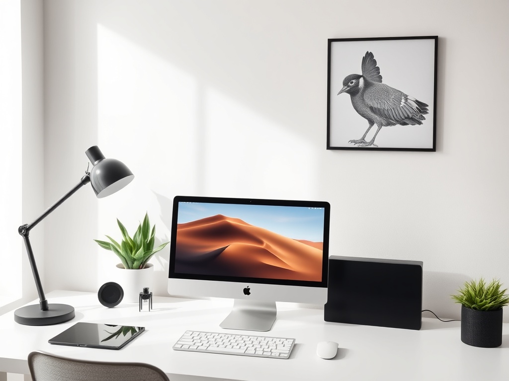 clean minimalist Apple setup in a bright workspace with seamless device integration aesthetic