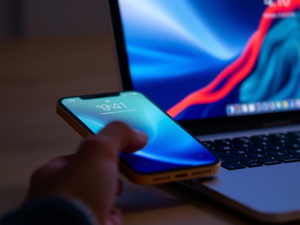 close-up of Apple devices showing handoff feature between iPhone and Mac with glowing UI transitions