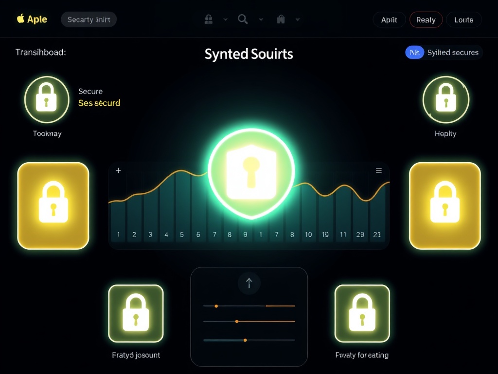 minimalist Apple privacy dashboard interface with glowing secure icons and lock symbols