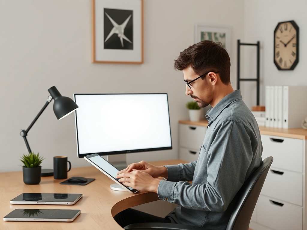 person using multiple Apple devices fluidly across home and office environments minimal modern aesthetic