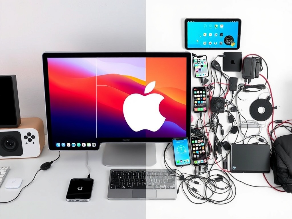 split comparison between seamless Apple ecosystem workflow and cluttered multi-device setup with cables and apps