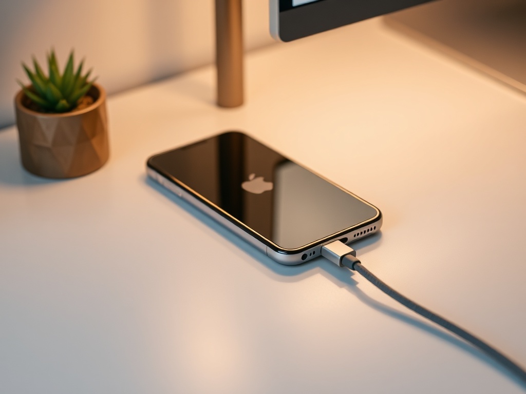 iPhone USB-C port cable connected minimalist desk setup modern lighting