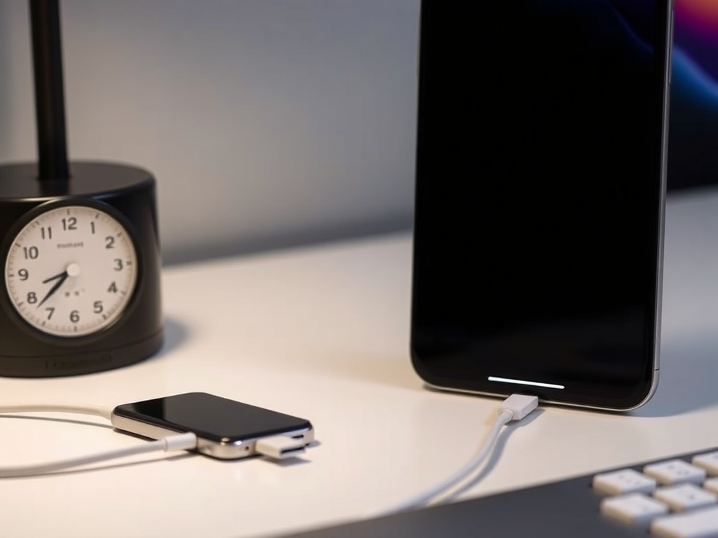 iPhone USB-C port cable connected minimalist desk setup modern lighting