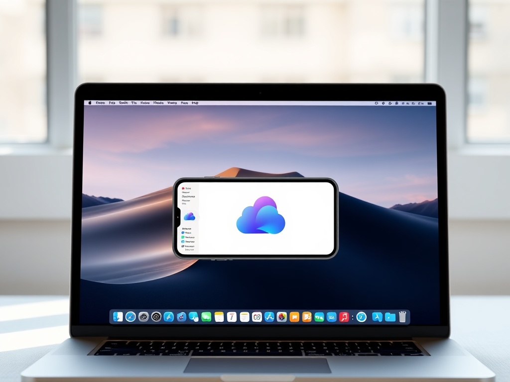 AirDrop animation between iPhone and MacBook, bright modern interface
