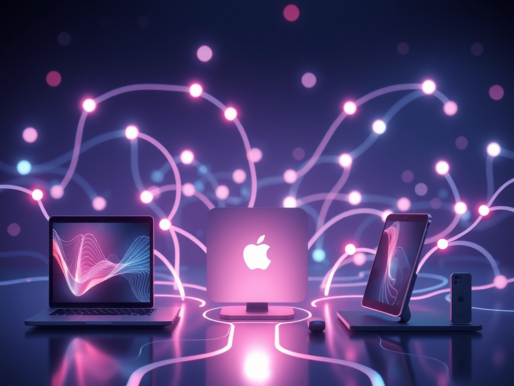 all Apple devices connected with glowing ecosystem lines modern futuristic look
