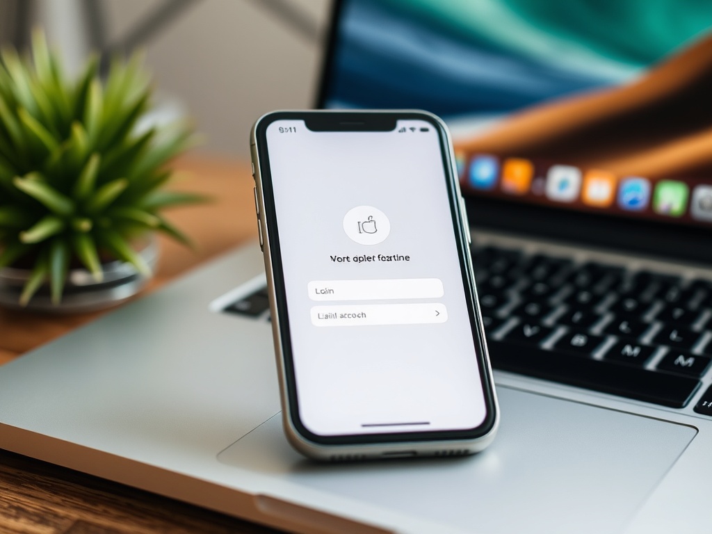close-up of Apple ID login screen on iPhone with MacBook nearby, clean UI aesthetic