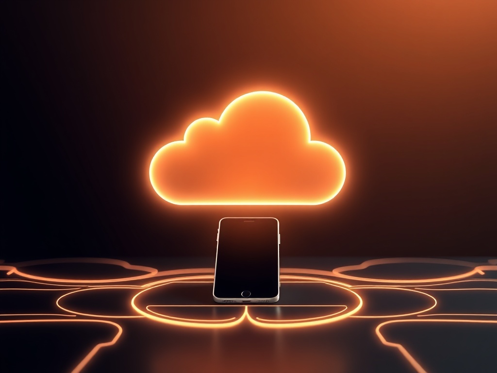 cloud syncing animation connecting iPhone Mac iPad with glowing lines