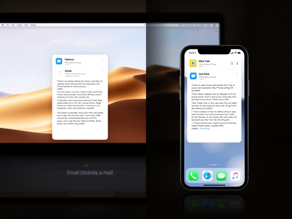 MacBook and iPhone side by side showing same email draft transferring between devices