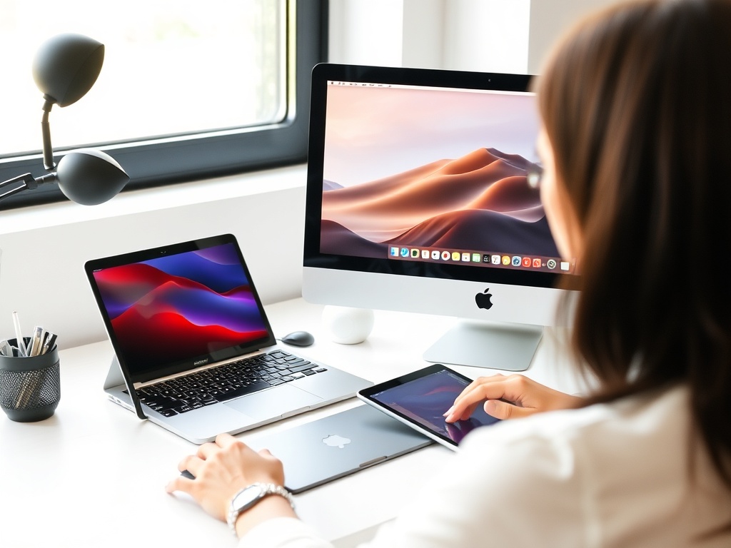 person working across iPhone Mac and iPad seamlessly in a modern desk setup