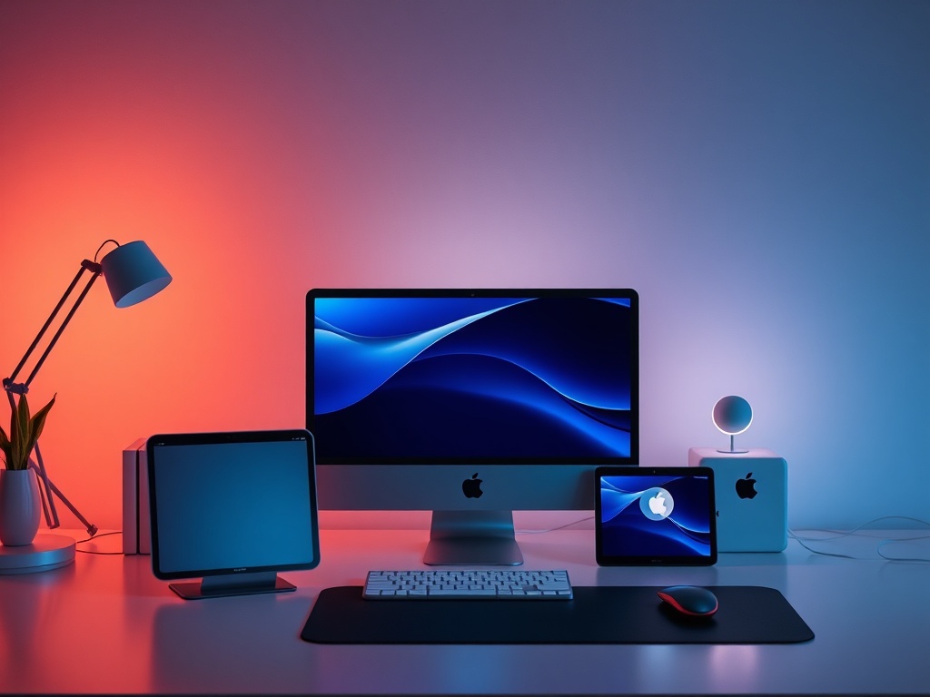 sleek Apple devices arranged together glowing in a modern minimalist workspace, soft lighting, futuristic vibe