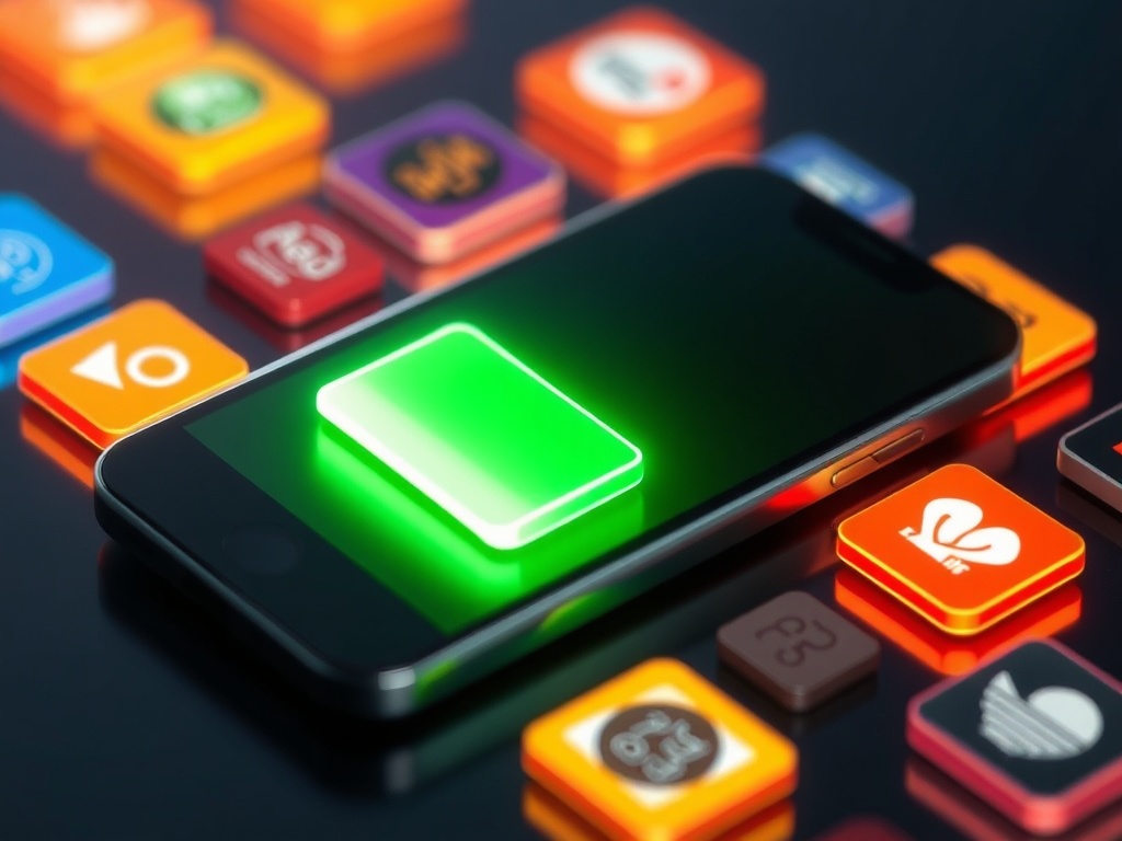 graphical visualization of smartphone battery draining due to multiple apps refreshing in background with glowing app icons