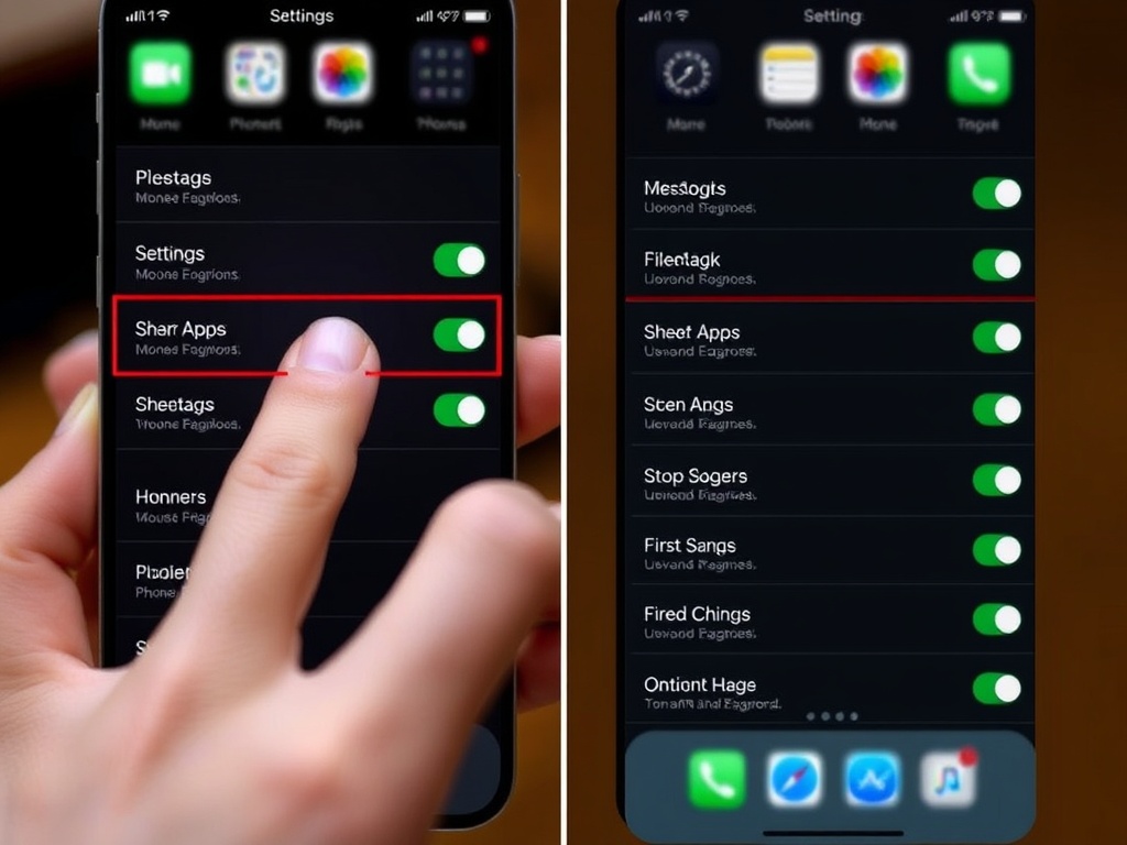 hand customizing iPhone settings toggles, selective apps enabled, clean organized interface