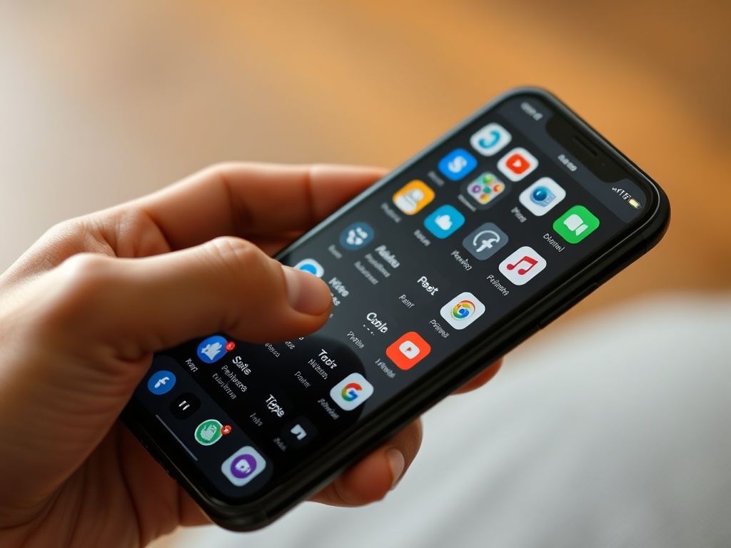 person scrolling through many iPhone apps list, overwhelmed by app permissions, clean tech aesthetic