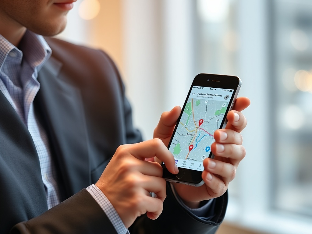 professional using iPhone for business apps, email syncing, maps navigation, focused environment