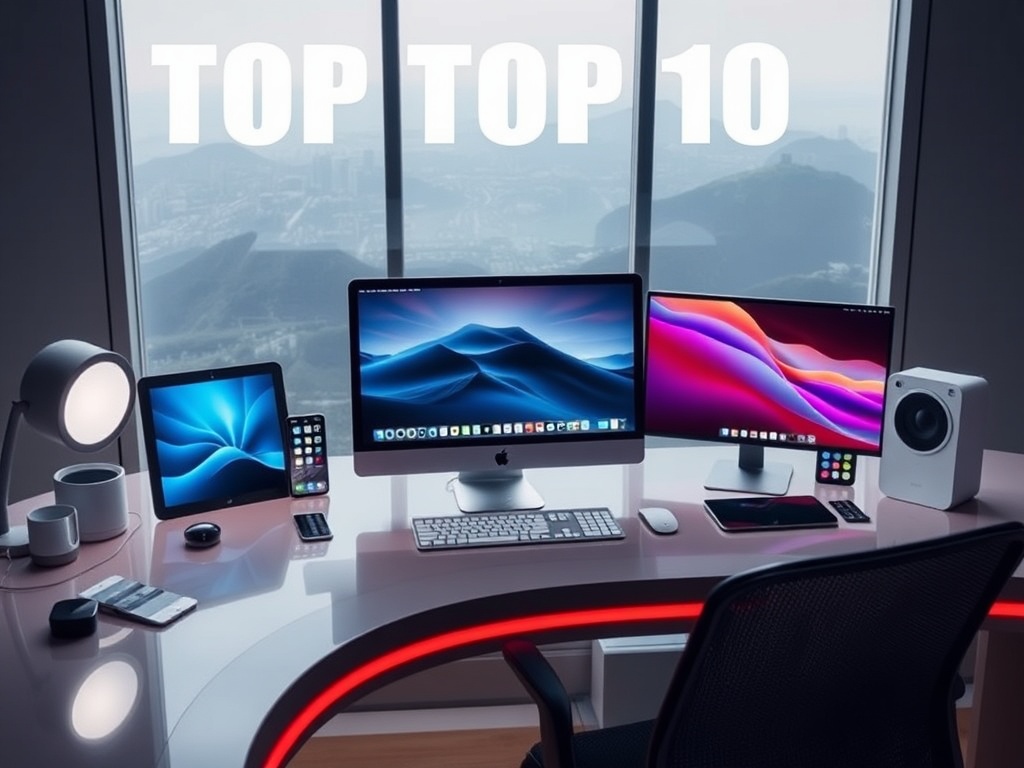 Collage of the top 10 Apple gadgets on a futuristic desk