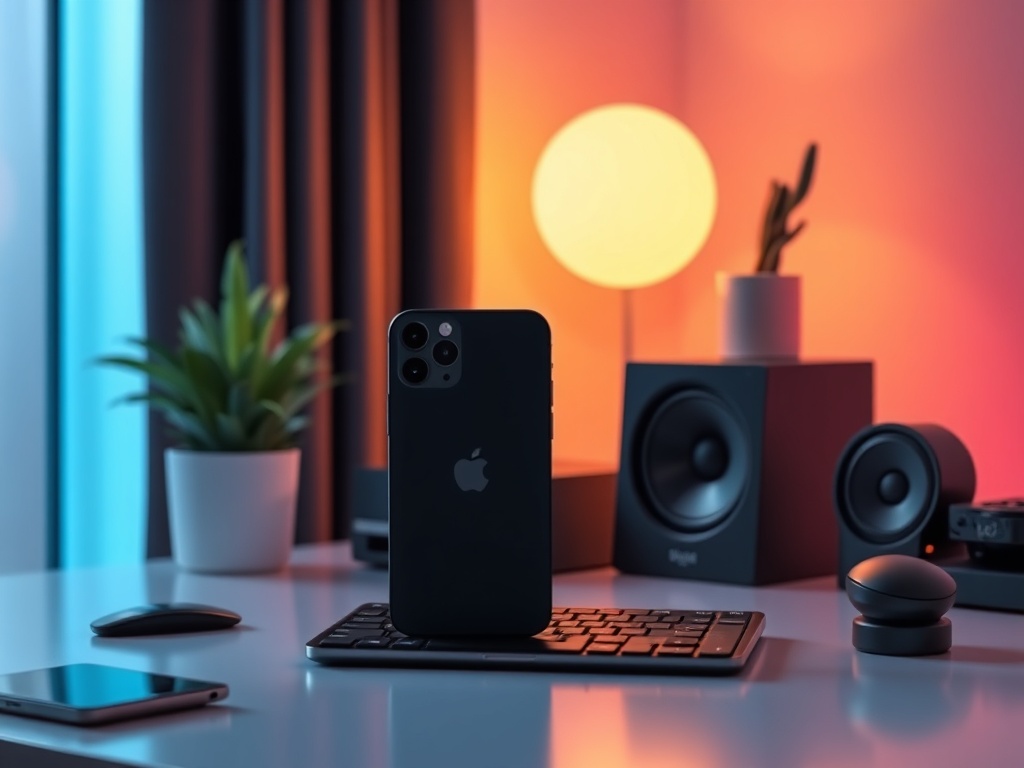 iPhone 16 Pro Max on a sleek desk with ambient lighting