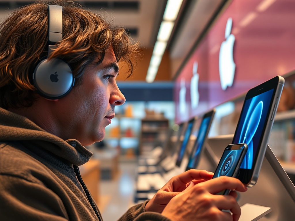 A vivid description of a person looking at an Apple gadget in a store with curiosity