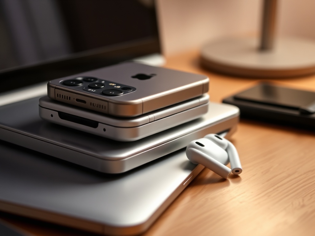 A vivid description of Apple devices like an iPhone, MacBook, and AirPods stacked on a desk