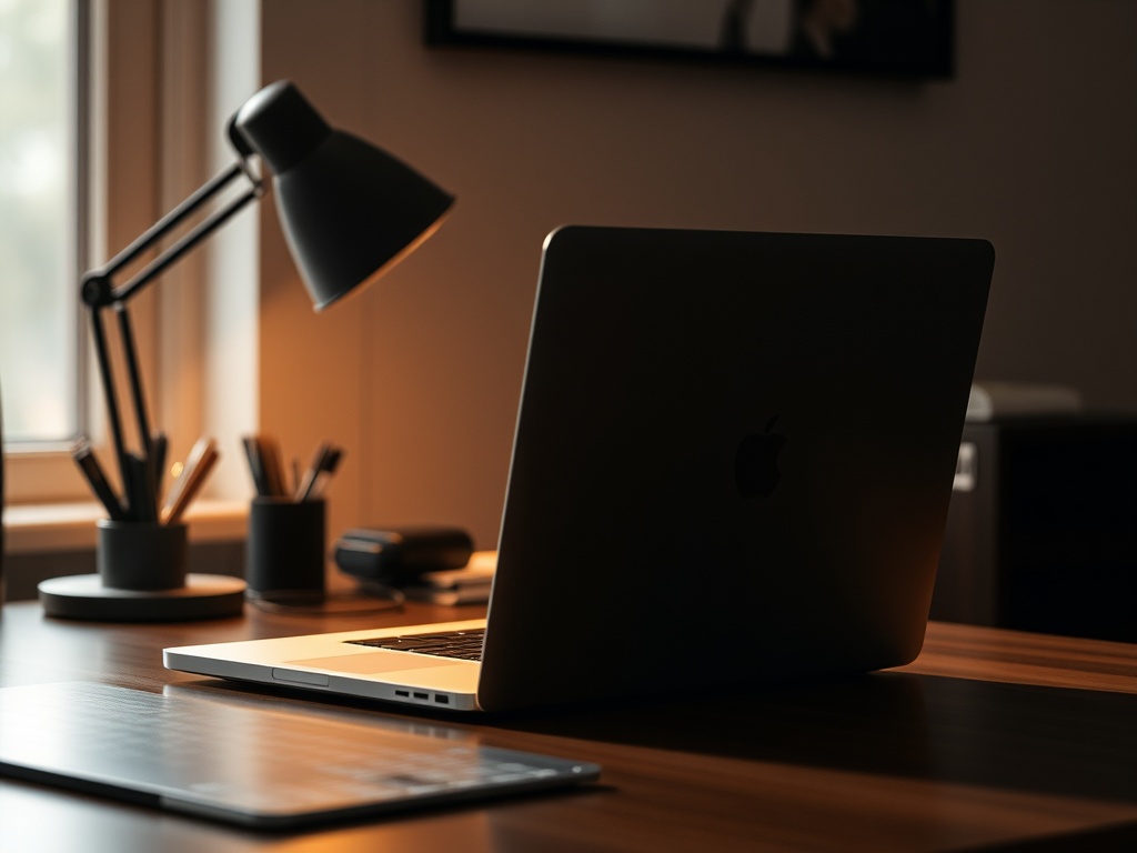 A vivid description of someone working on a MacBook Pro on a desk