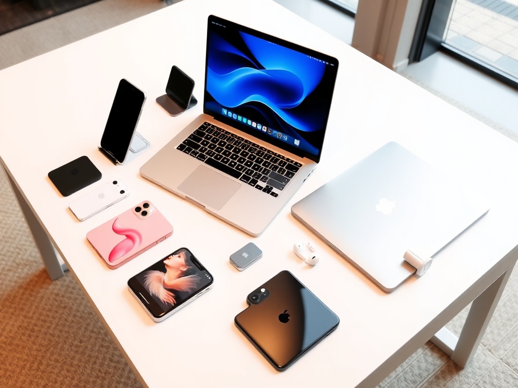 A collection of the latest Apple gadgets, such as the iPhone, MacBook, and AirPods, displayed on a sleek modern table