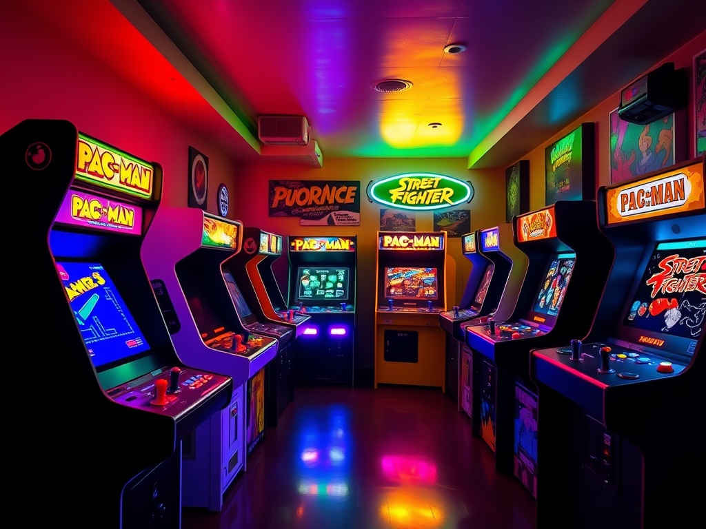 a vibrant retro arcade room filled with classic cabinets glowing neon, Pac-Man and Street Fighter machines side by side