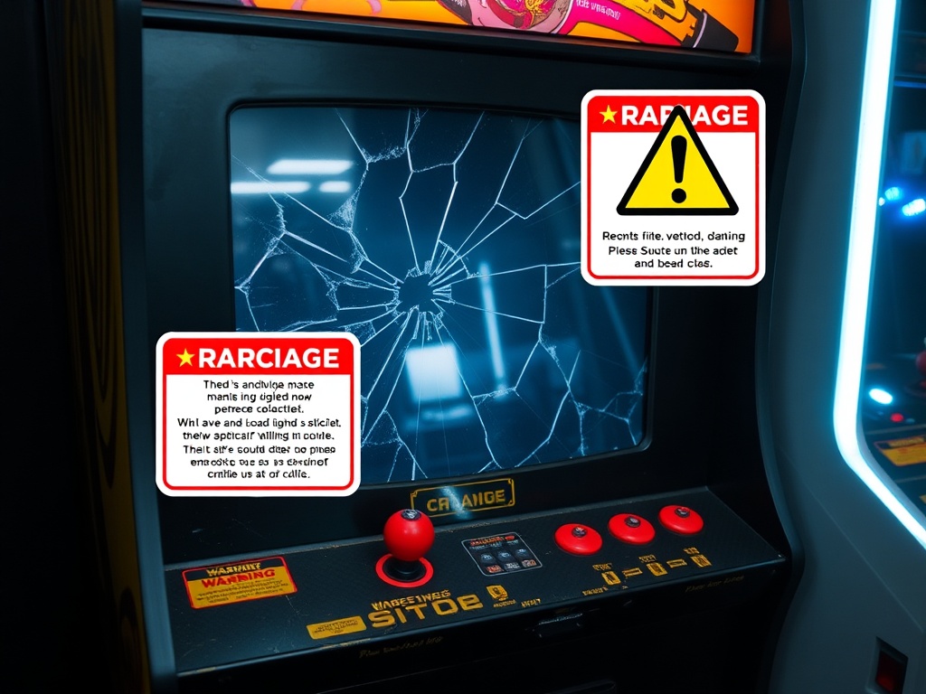 arcade cabinet with visible damage, cracked screen, and warning signs highlighted