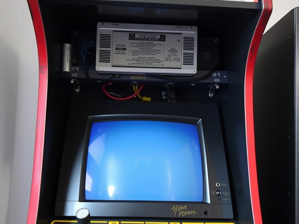 detailed inspection of arcade cabinet internals showing wiring, CRT monitor, and control panel wear