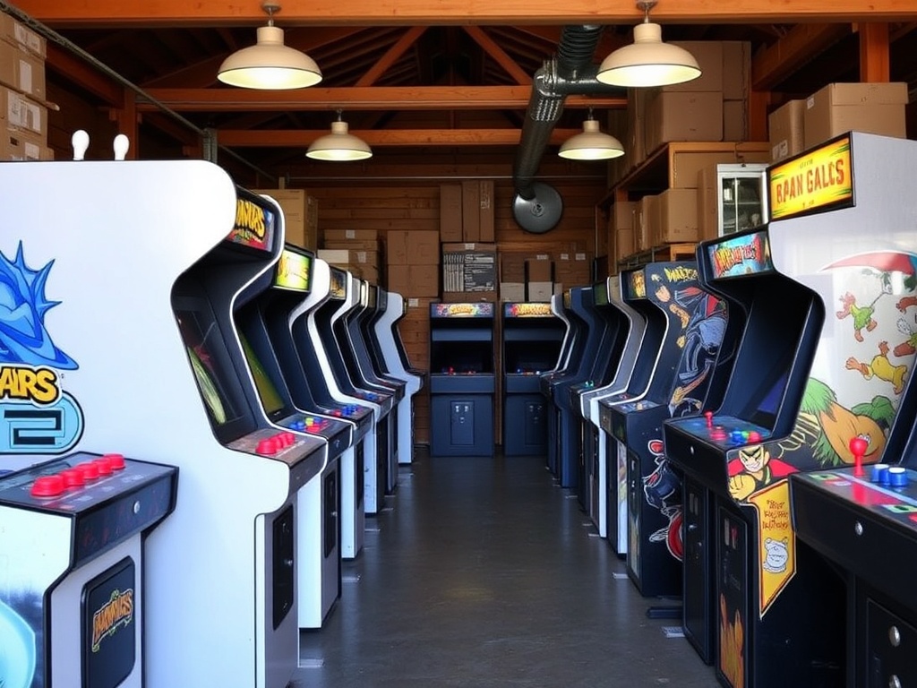 online marketplace browsing arcade machines listings versus warehouse full of arcade cabinets