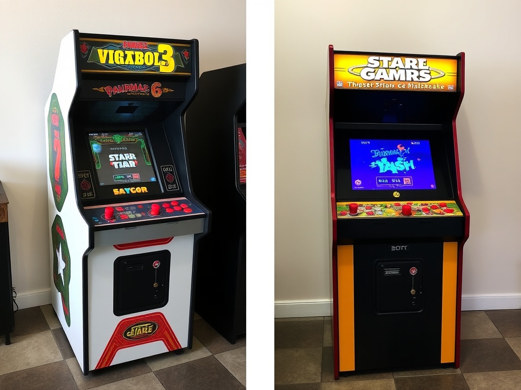 side-by-side comparison of original vintage arcade cabinet and a modified multicade with modern screen