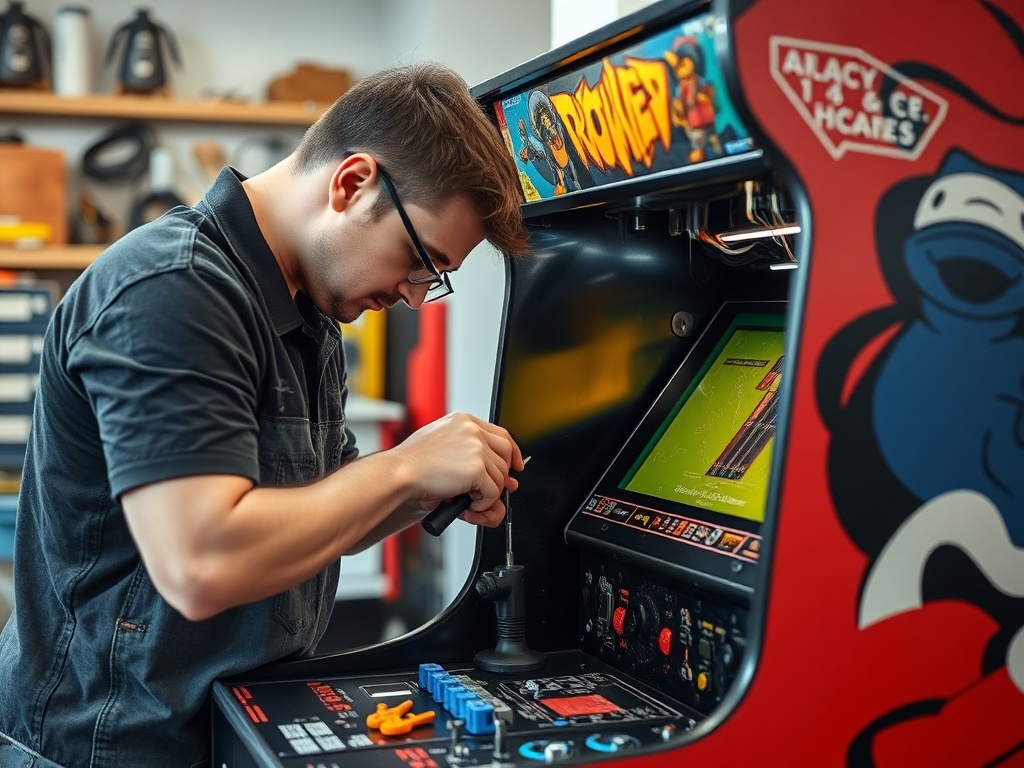 technician repairing an arcade machine with tools and exposed electronics in a workshop