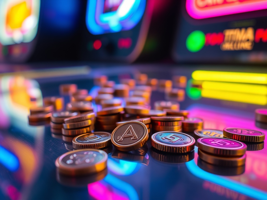a close-up of vintage arcade tokens scattered on a neon-lit arcade cabinet, glowing colors, nostalgic atmosphere