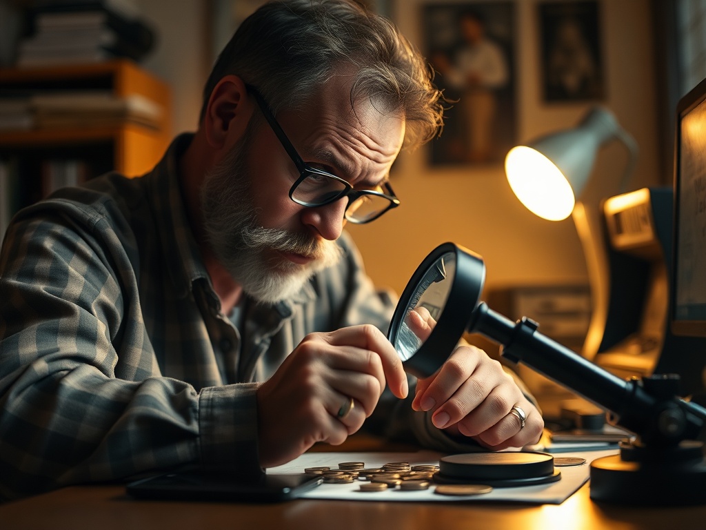 collector carefully inspecting arcade token with magnifying glass on a desk with soft warm lighting