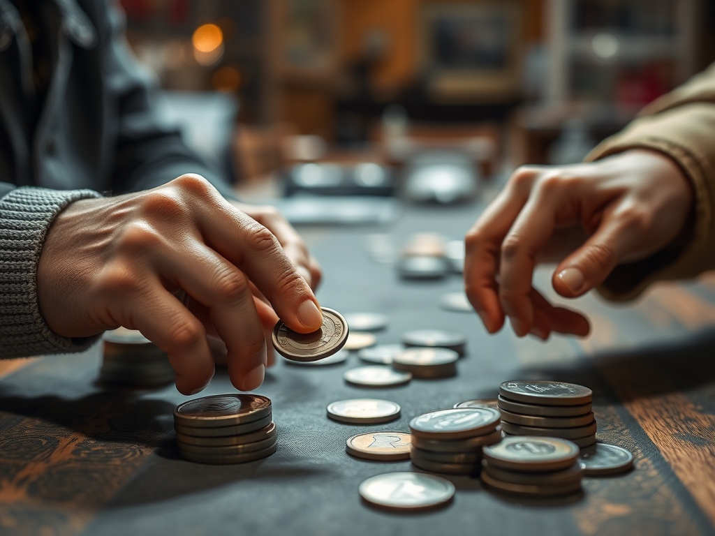 collector exchanging tokens across table, one rare token highlighted under light