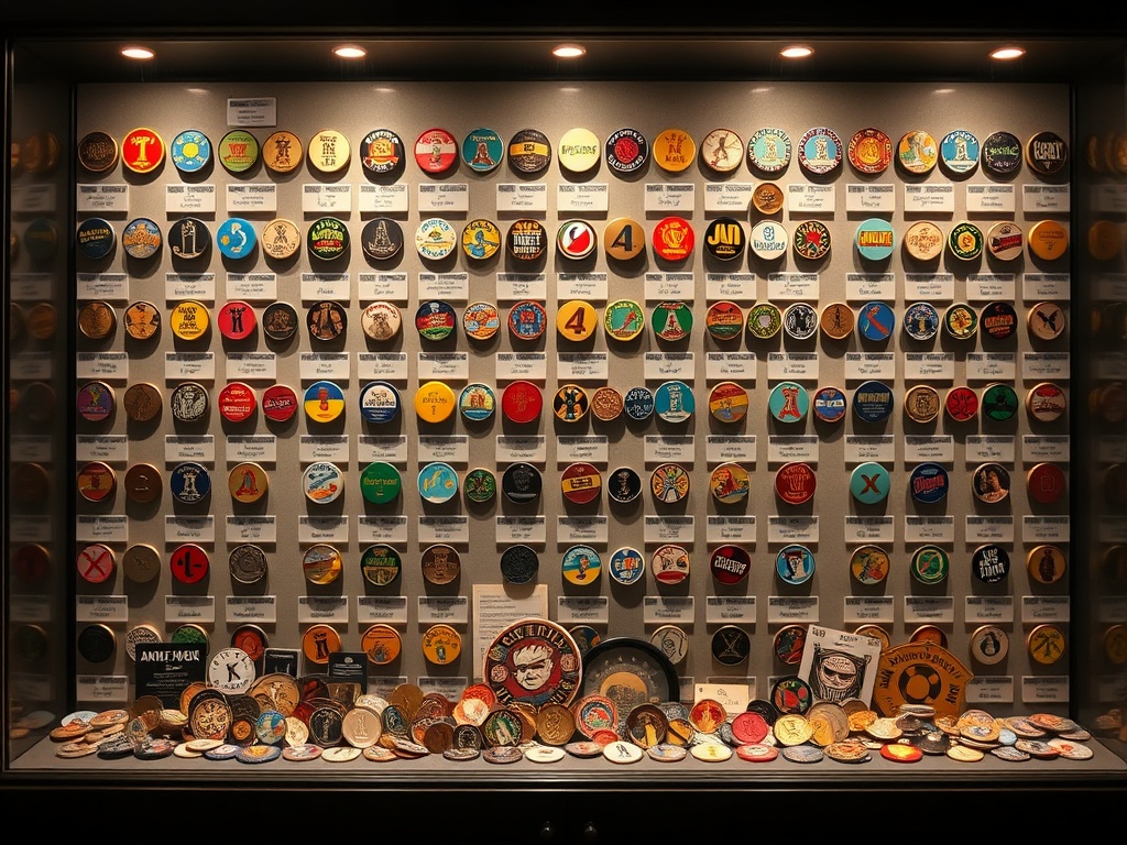 organized display case of arcade tokens sorted by era with labeled compartments and soft lighting