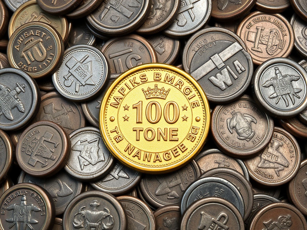 pile of low-value worn arcade tokens contrasted with a single pristine rare token