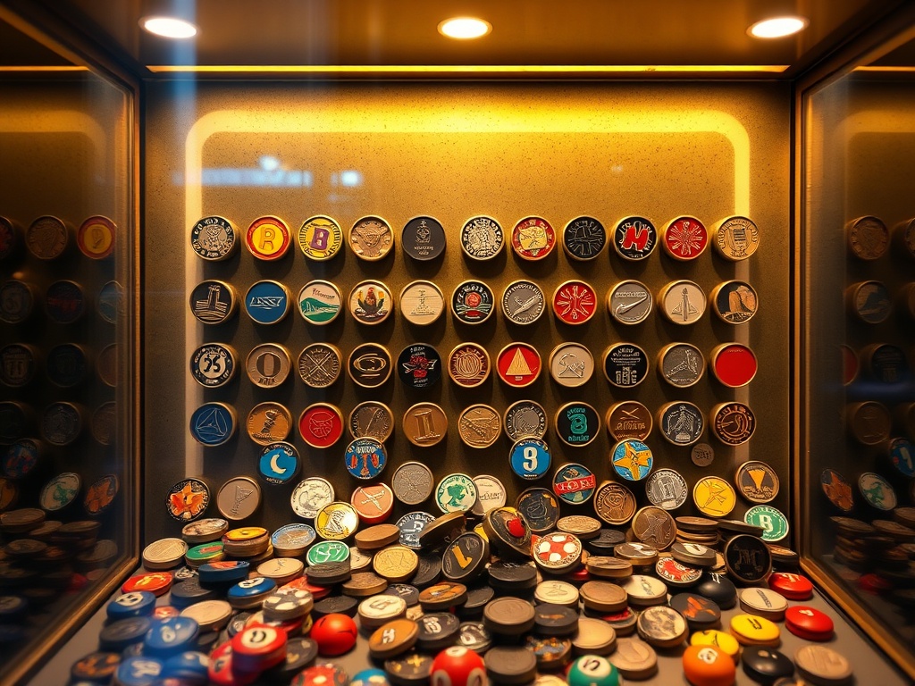 premium display case with neatly arranged arcade tokens under soft LED lighting