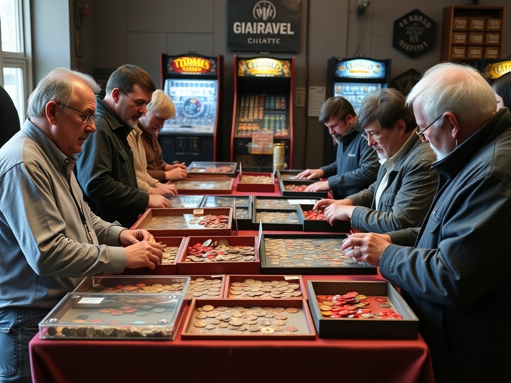 small group of collectors at a table trading arcade tokens with cases and display trays