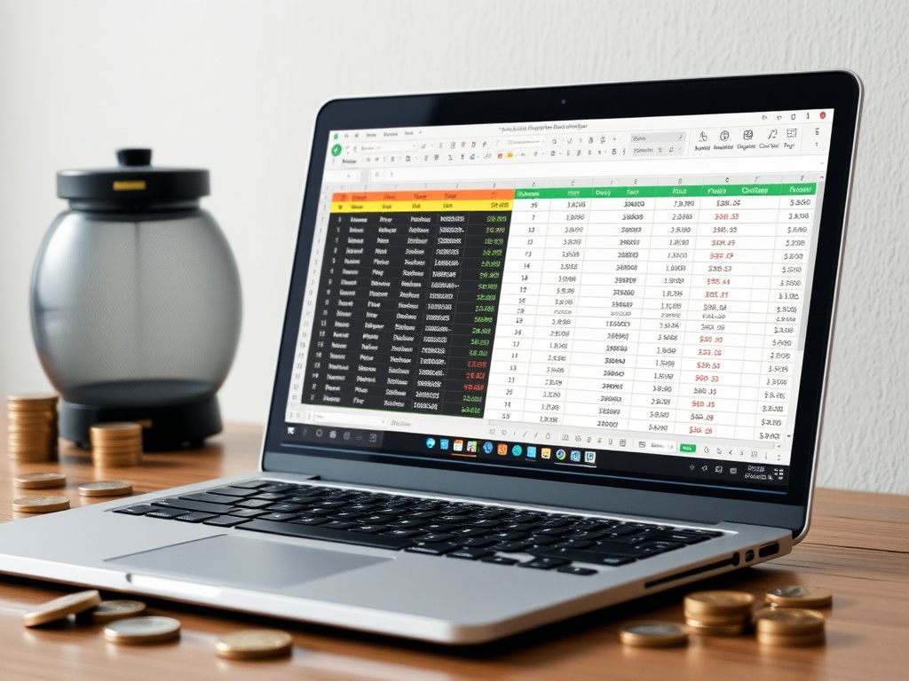 spreadsheet on laptop showing collectible tracking data with tokens beside it
