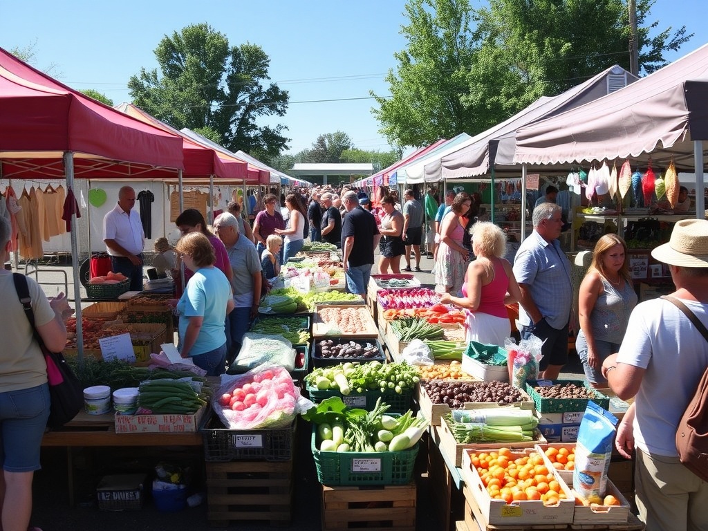 A bustling scene at the Arnprior Farmers' Market with colorful booths selling fresh produce, handmade crafts, and local treats under the bright sun.