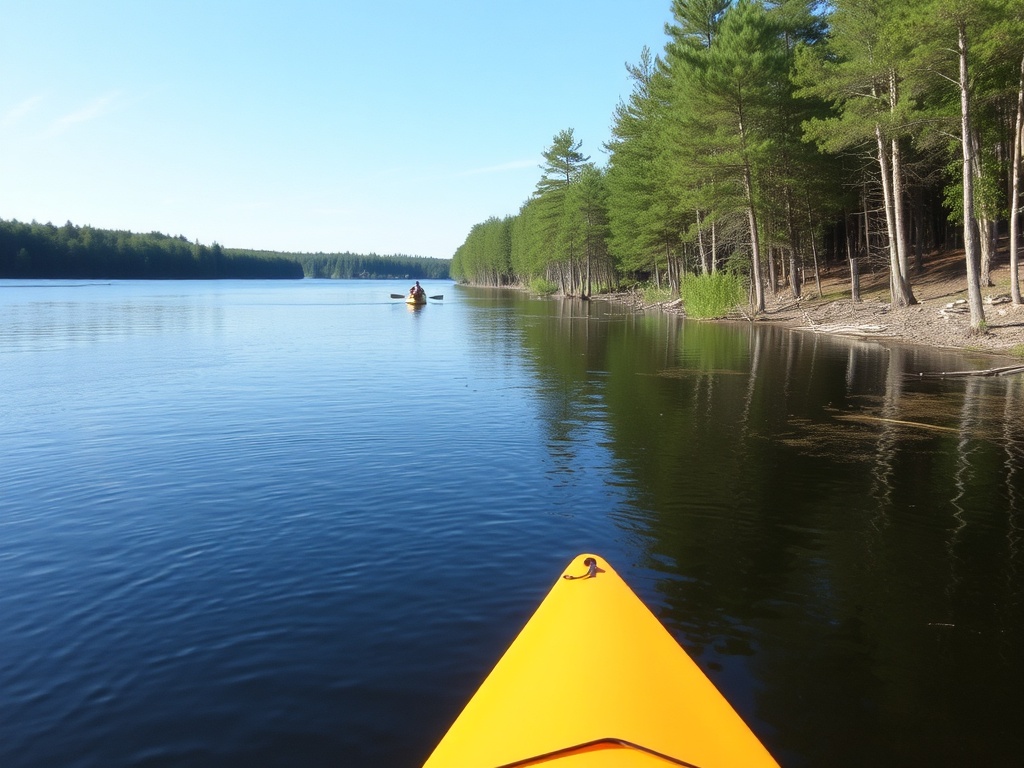 A serene view of the Madawaska River with trees lining the shore and a lone kayak drifting peacefully on the water.