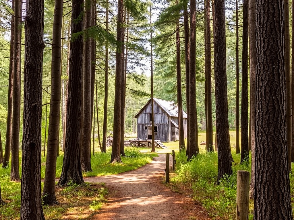 A walking trail leading through tall trees in the Mill of Kintail Conservation Area, with the old mill peeking out from behind the trees.