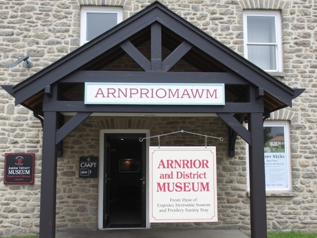 The front entrance of the Arnprior & District Museum with its historical stone building in the background and a sign hanging in front.