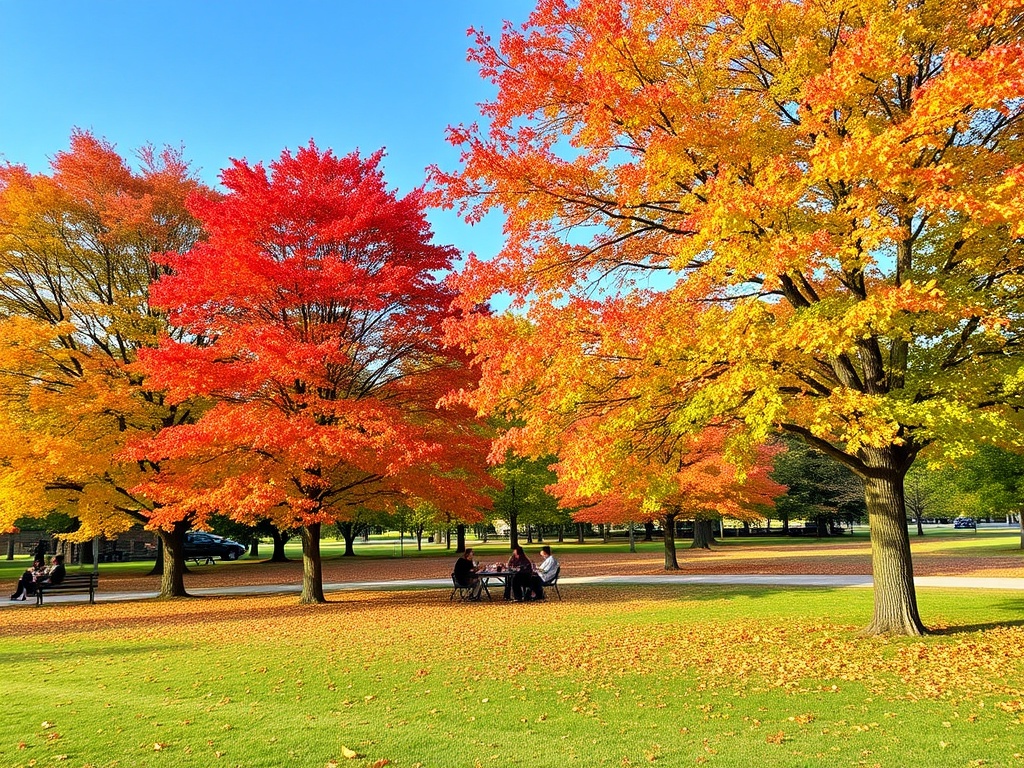 The vibrant colors of autumn in Arnold Township Park, with trees shedding their leaves and a small group of people enjoying a picnic.
