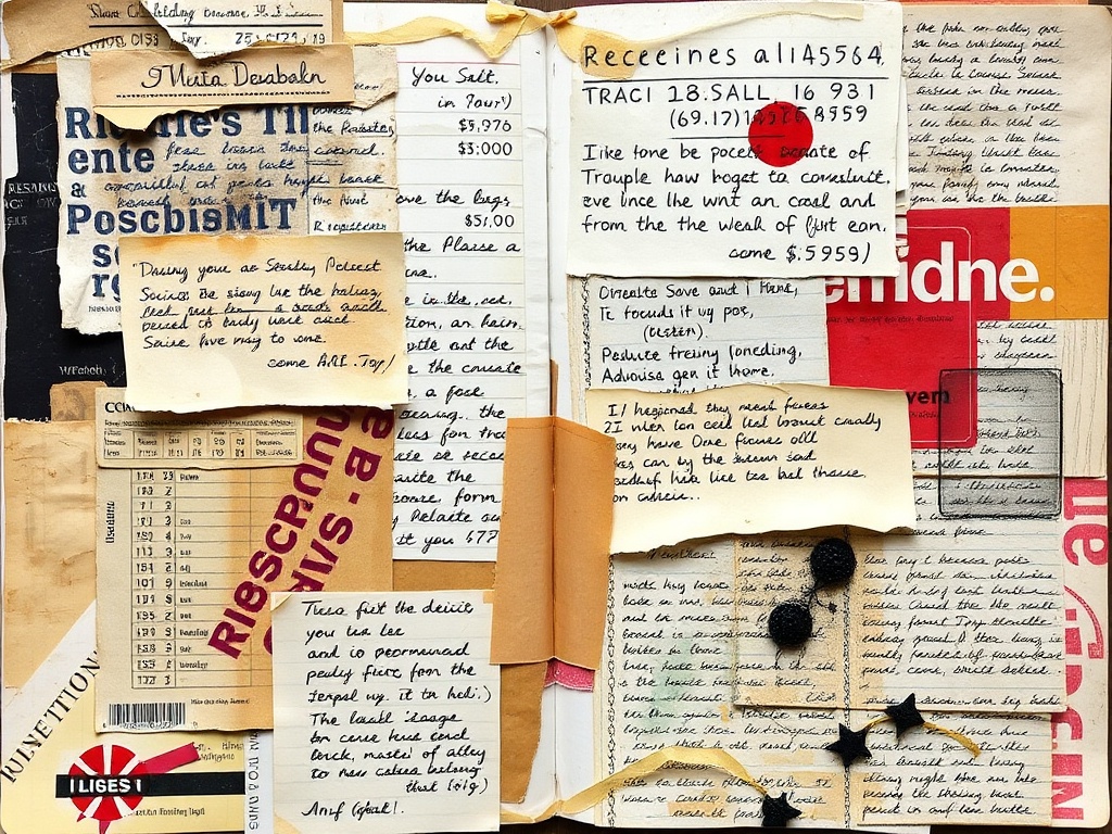 art journal page with layered collage of receipts, torn magazine pieces, handwritten notes, textured overlapping papers