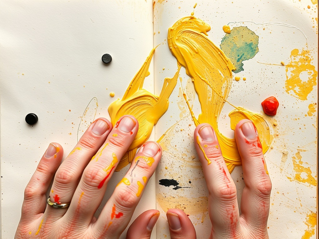 hands smearing paint across a journal page, tactile messy textures, close-up of fingers with paint