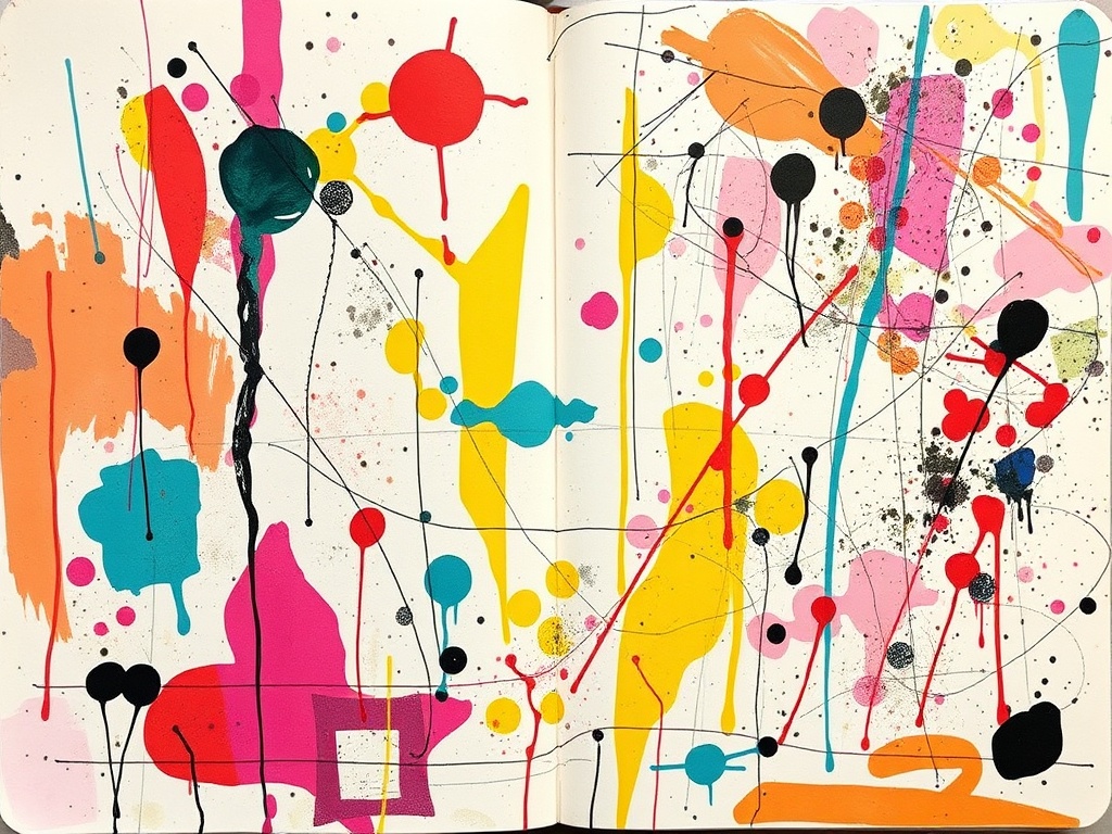 intentionally messy chaotic art journal page with clashing colors, uneven marks, playful imperfection